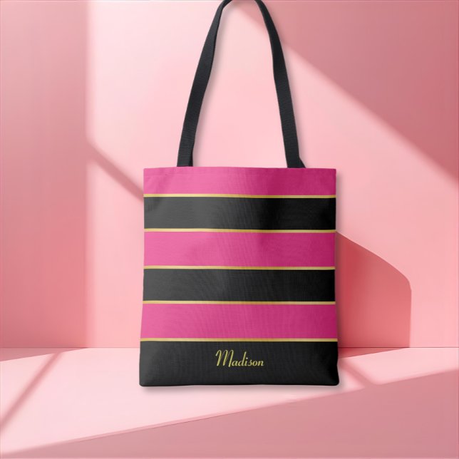Chic Moderne schwarz rosa Streifen Muster mit Name Tasche (Von Creator hochgeladen)
