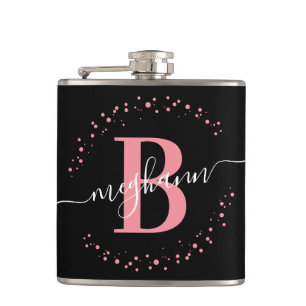 Chic modernes, girly, rosa-schwarzes Namensschrift Flachmann