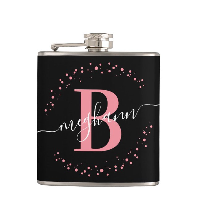 Chic modernes Mädchenname Pink-Schwarze Schrift Mo Flachmann (Vorderseite)