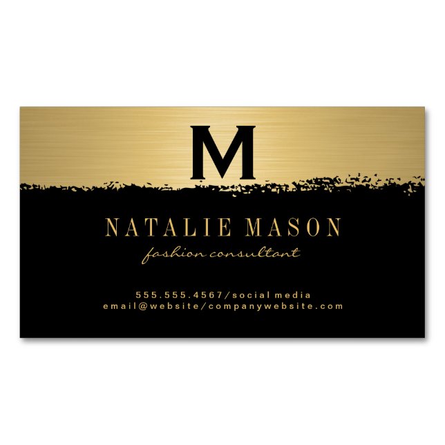 Chic Monogram auf Black/Gold Brushed Magnetische Visitenkarte (Vorderseite)