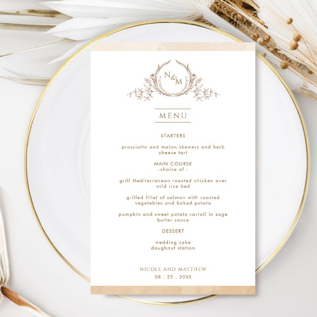 Chic Monogram Beige Cream Watercolor Mariage Menu (Créateur téléchargé)