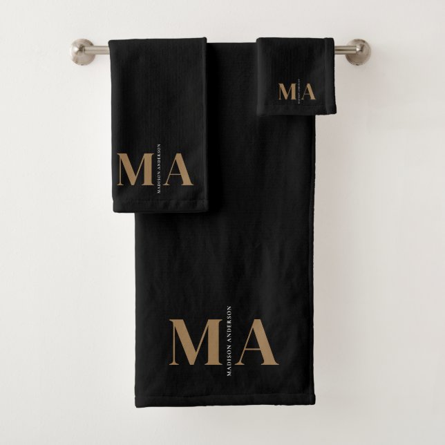 Chic Monogram Black Gold Name Badhandtuch Set (Insitu)