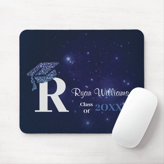 Chic Monogram Blue Glitzer Cap Graduation Party Mousepad (Mit Mouse)