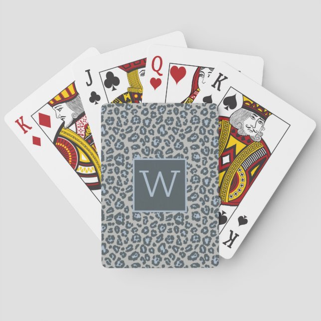 Chic Monogram Blue Grey Leopard Print Pattern Spielkarten (Rückseite)