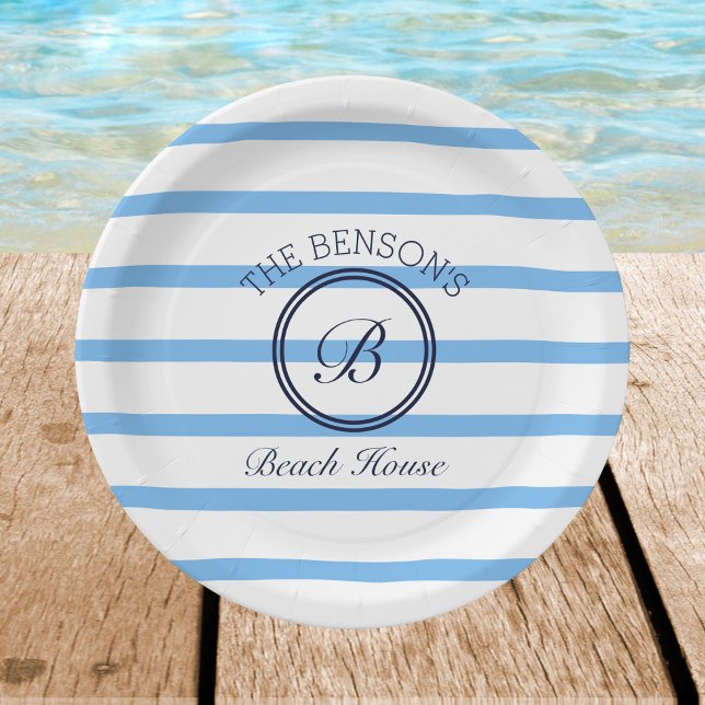 Chic Monogram Blue Stripes Family Beach House Pappteller (Von Creator hochgeladen)