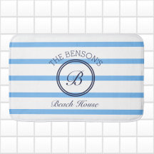 Chic Monogram Blue Stripes Family Name Beach House