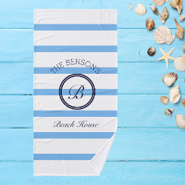 Chic Monogram Blue Stripes Family Name Beach House Badhandtuch Set