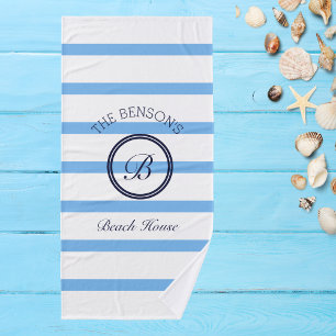 Chic Monogram Blue Stripes Family Name Beach House Badhandtuch Set