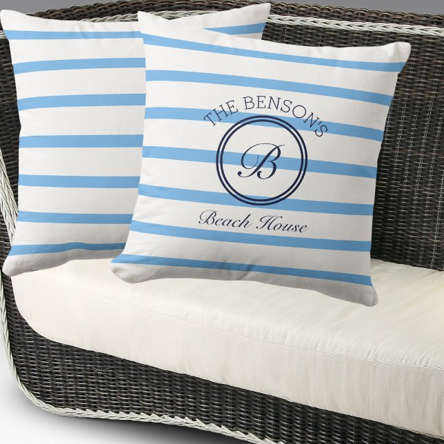 Chic Monogram Blue Stripes Family Name Beach House Kissen (Von Creator hochgeladen)