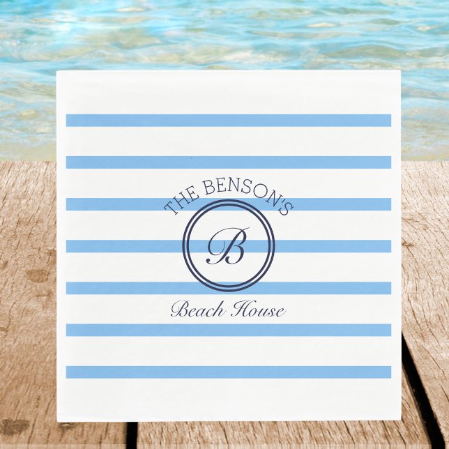 Chic Monogram Blue Stripes Family Name Beach House Serviette (Von Creator hochgeladen)