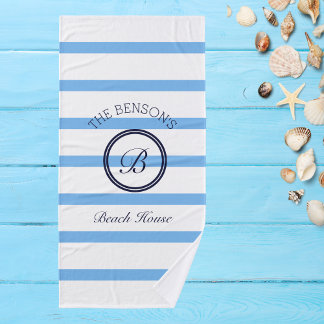 Chic Monogram Blue Stripes Nom de famille Beach Ho