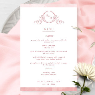 Chic Monogram Blush Pink Watercolor Mariage Menu