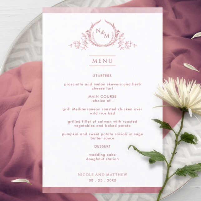 Chic Monogram Bourgogne Aquarelle Menu Mariage (Créateur téléchargé)