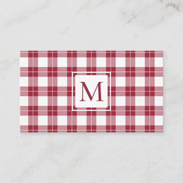 Chic Monogram Burgundy und White Kariert Pattern Visitenkarte (Vorderseite)