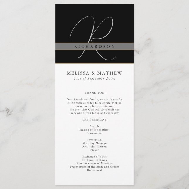 Chic Monogram Charcoal Schwarz-weiß Wedding Programm (Vorderseite)
