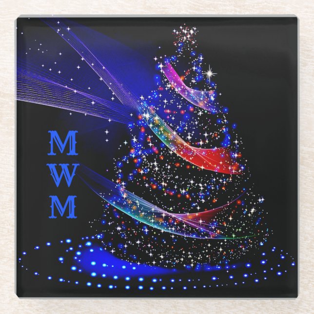 Chic Monogram Colors Glitzer WeihnachtsbaumMarine Glasuntersetzer (Vorderseite)