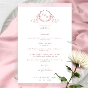 Chic Monogram Dusty Rose Watercolor Mariage Menu