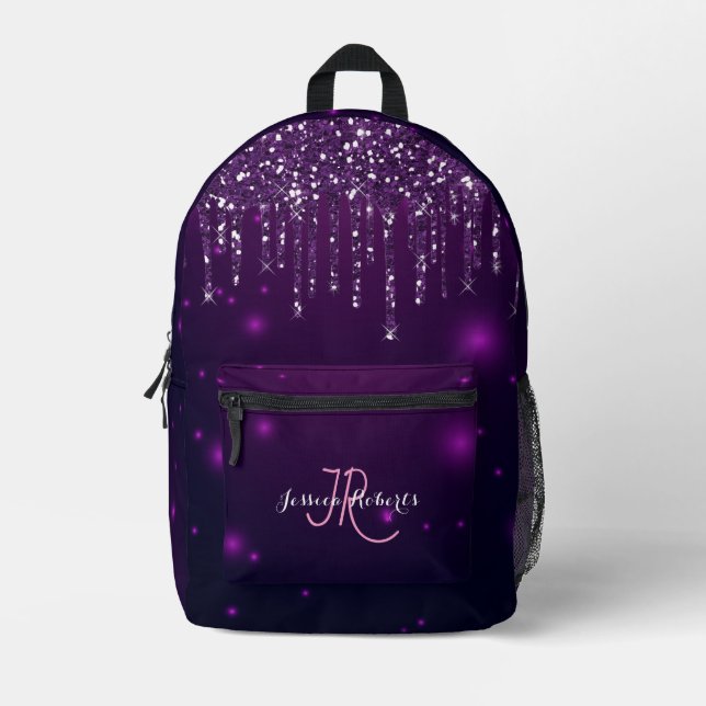 Chic Monogram Girly Hot Lila Glitzer Tropfen Bedruckter Rucksack (Vorderseite)