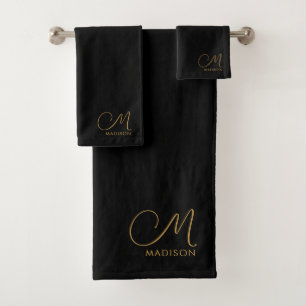 Chic Monogram Gold Script Name Black Badhandtuch Set
