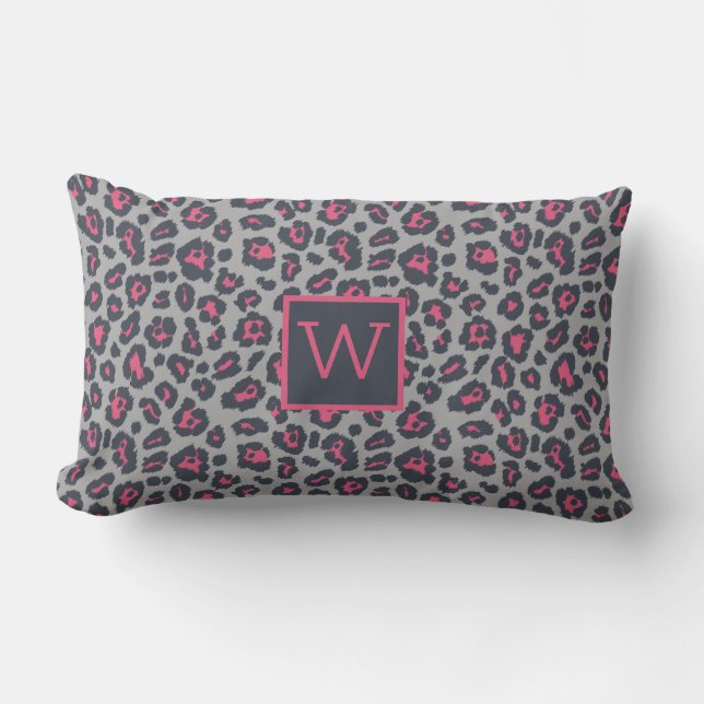 Chic Monogram Hot Pink Grey Leopard Print Pattern Lendenkissen (Vorderseite)