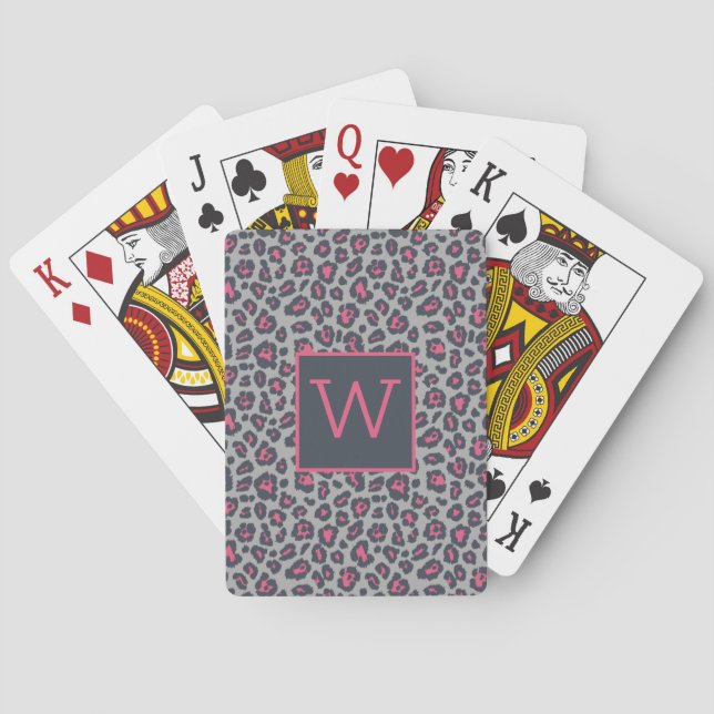 Chic Monogram Hot Pink Grey Leopard Print Pattern Spielkarten (Rückseite)