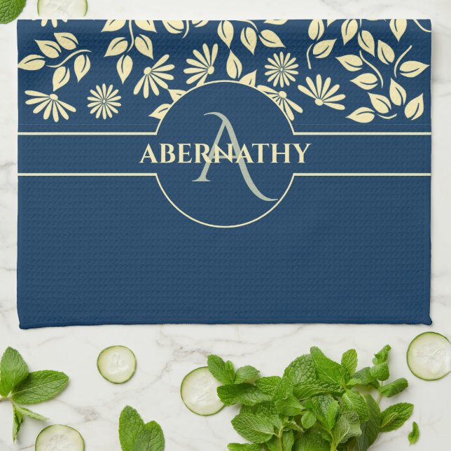 Chic Monogram Individuelle Name Blätter Daisies Bl Geschirrtuch (Gefaltet)