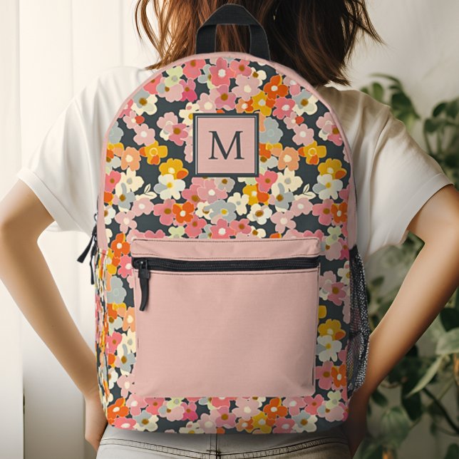 Chic Monogram Initial Floral Pink Backpack Bedruckter Rucksack (Von Creator hochgeladen)