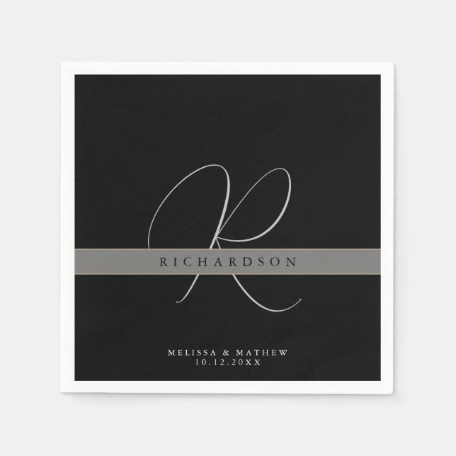 Chic Monogram Initial Name Charcoal Gray Black Serviette (Vorderseite)