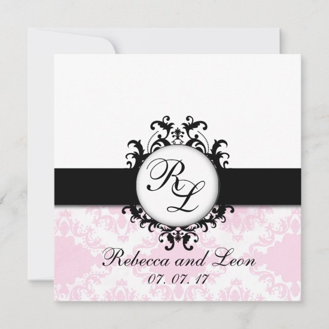 Chic Monogram Initials Pink Damask Wedite Einladung (Vorderseite)