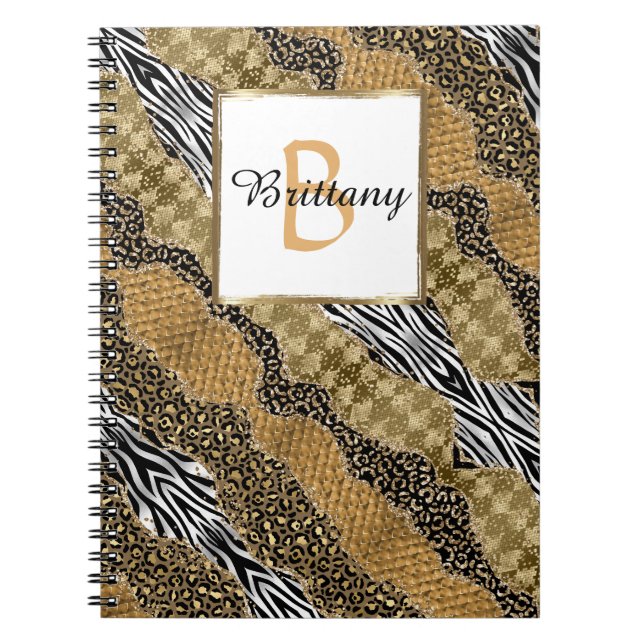Chic Monogram Leopard Safari Gold Glitzer Notizblock (Vorderseite)