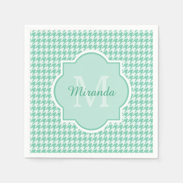 Chic Monogram Minze Green Hahnentrittmuster mit Na Serviette (Vorderseite)
