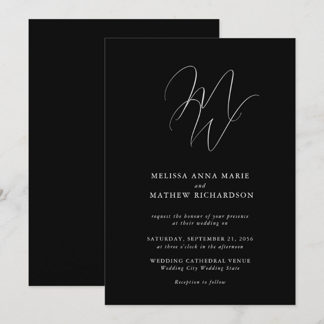 Chic Monogram Modern Black & White Wedding Einladung (Vorne/Hinten)