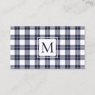 Chic Monogram Navy Blue and White Kariert Pattern Visitenkarte