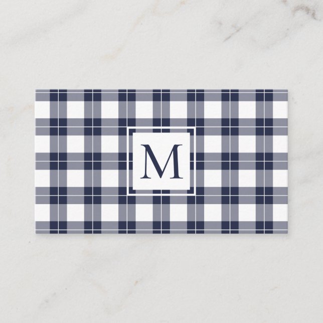 Chic Monogram Navy Blue and White Kariert Pattern Visitenkarte (Vorderseite)