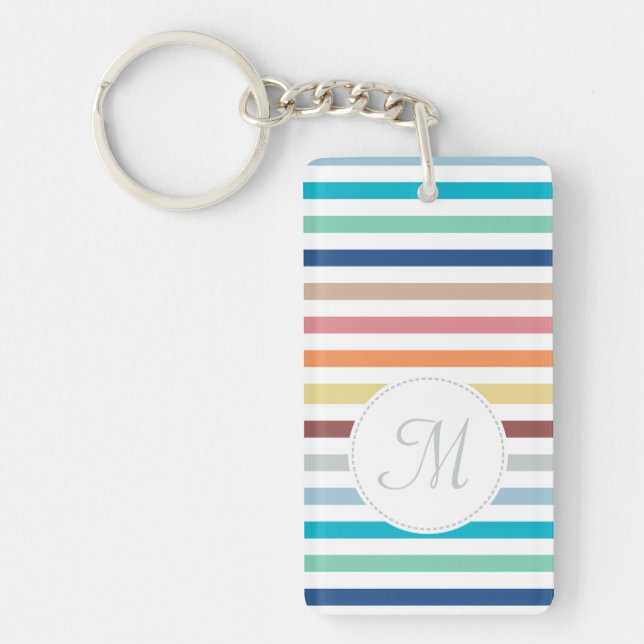 Chic Monogram Pastel Rainbow Horizontale Streifen Schlüsselanhänger (Vorderseite)