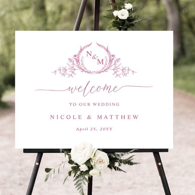 Chic Monogram Pink and White Wedding Willkommensze Poster (Von Creator hochgeladen)