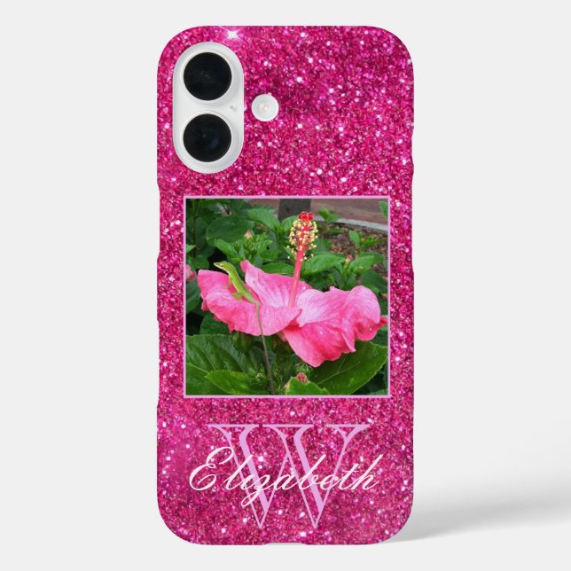 Chic Monogram Pink Glitzer Glitzern Custom Foto iPhone 16 Hülle (Rückseite)