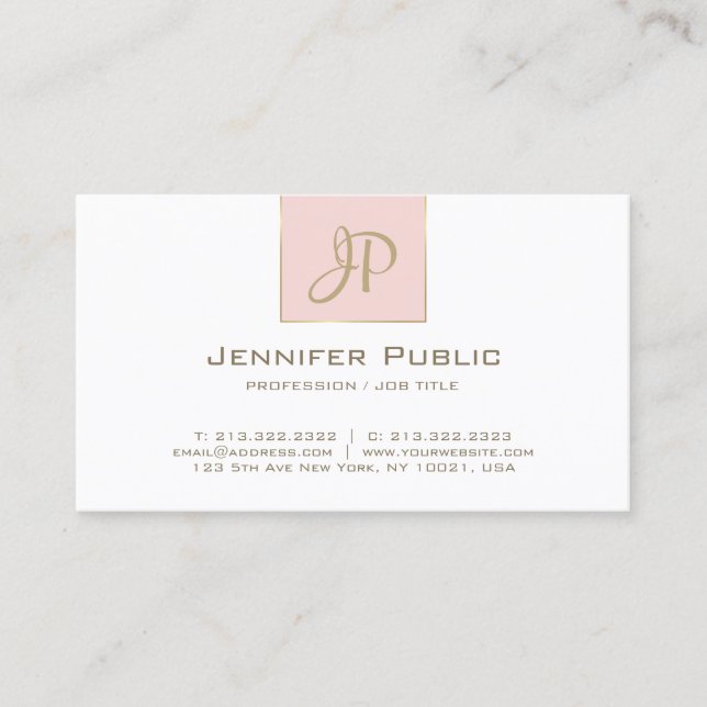 Chic Monogram Pink Gold Weiß Schlicht Trendy Visitenkarte (Vorderseite)