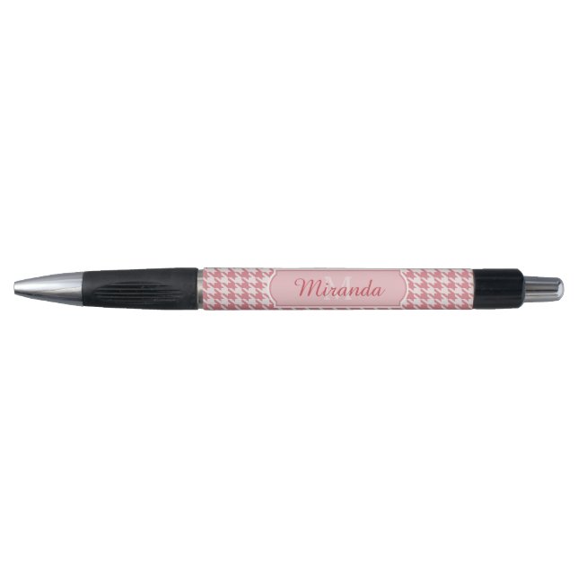 Chic Monogram Pink Hahnentrittmuster mit Name Kugelschreiber (Vorderseite)
