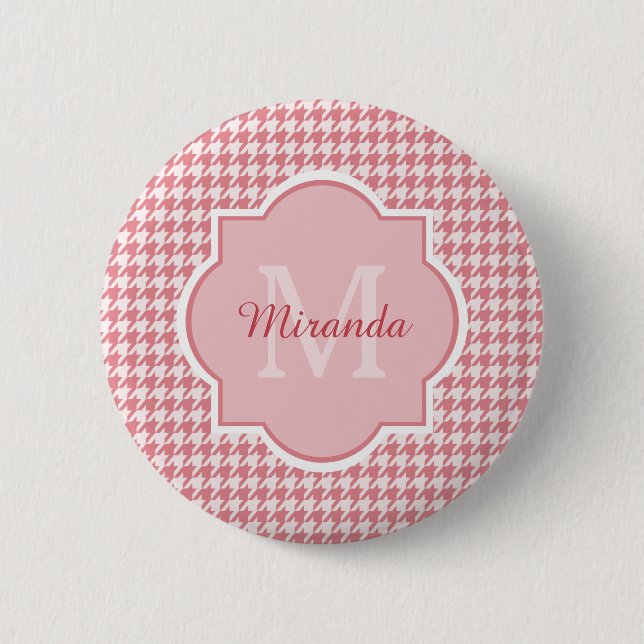 Chic Monogram Pink Hahnentrittmuster und Name Button (Vorderseite)