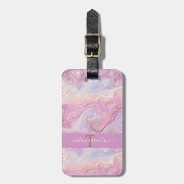Chic Monogram Pink Lila Gold Agate Geode Gepäckanhänger (Vorderseite vertikal)