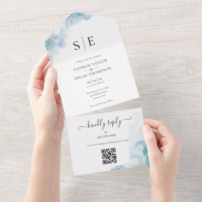Chic Monogram QR Code Blue Watercolor Wedding All In One Einladung (Abreißen)