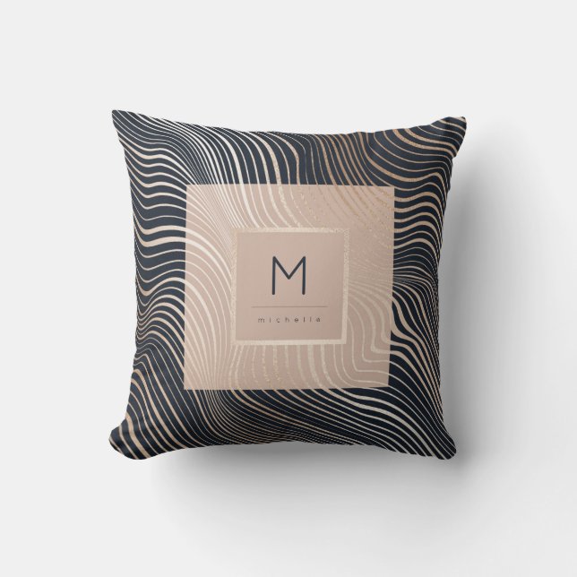 Chic Monogram Rose Gold Navy Blush Pink Moderne Kissen (Vorderseite)