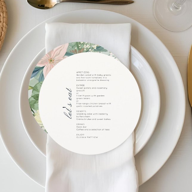 Chic Monogram Round Wedding Floral Menu Flat Card (Créateur téléchargé)