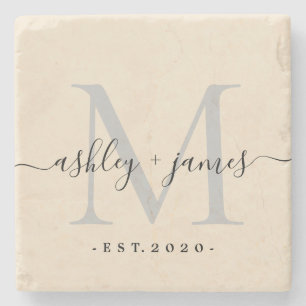 Chic Monogram Schrift Namen Hochzeitsdatum Elfenbe Steinuntersetzer