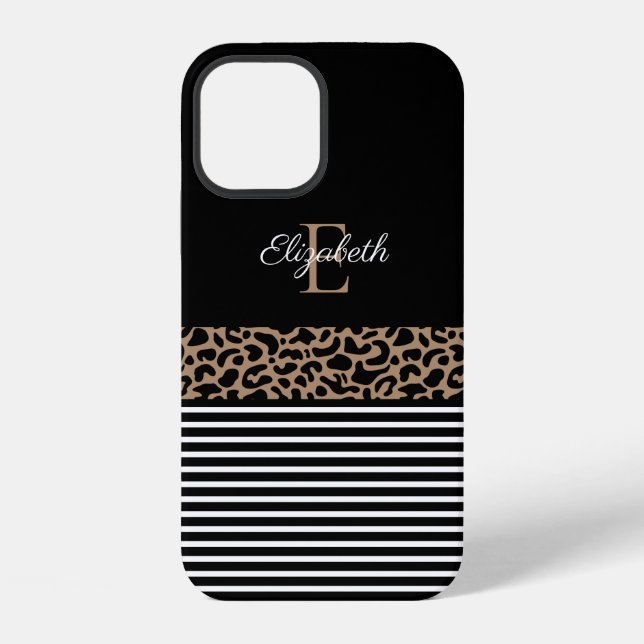 Chic Monogram schwarzer Leopard Tierdruck iPhone 12 Hülle (Rückseite)