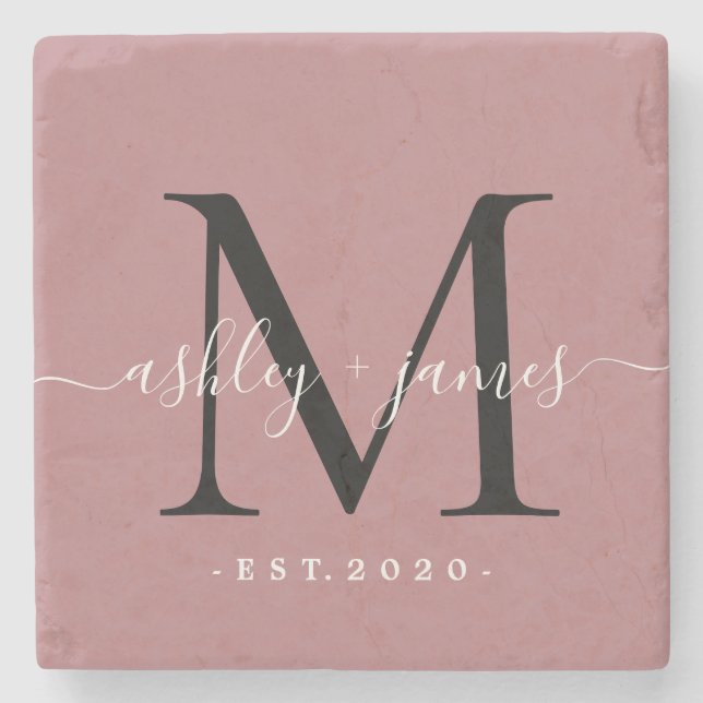 Chic Monogram Script Name Wedding Date Dusty Rose Steinuntersetzer (Vorderseite)
