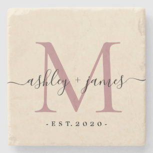 Chic Monogram Script-Namen Hochzeitdatum Elfenbein Steinuntersetzer