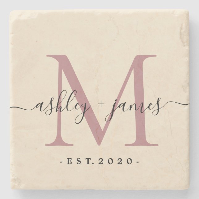Chic Monogram Script-Namen Hochzeitdatum Elfenbein Steinuntersetzer (Vorderseite)