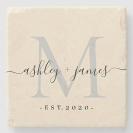 Chic Monogram Script-Namen Hochzeitdatum Elfenbein Steinuntersetzer